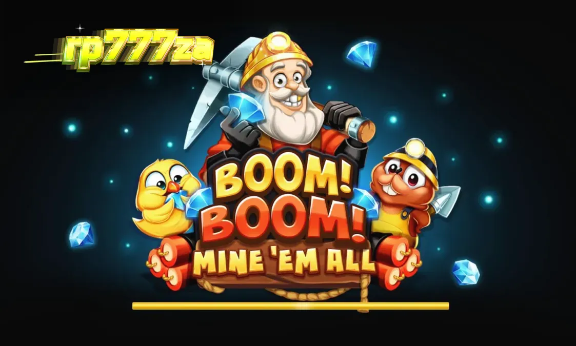 Tampilan visual slot Boom! Boom! Mine ‘Em All dengan latar terowongan tambang yang gelap dan simbol-simbol eksplosif.